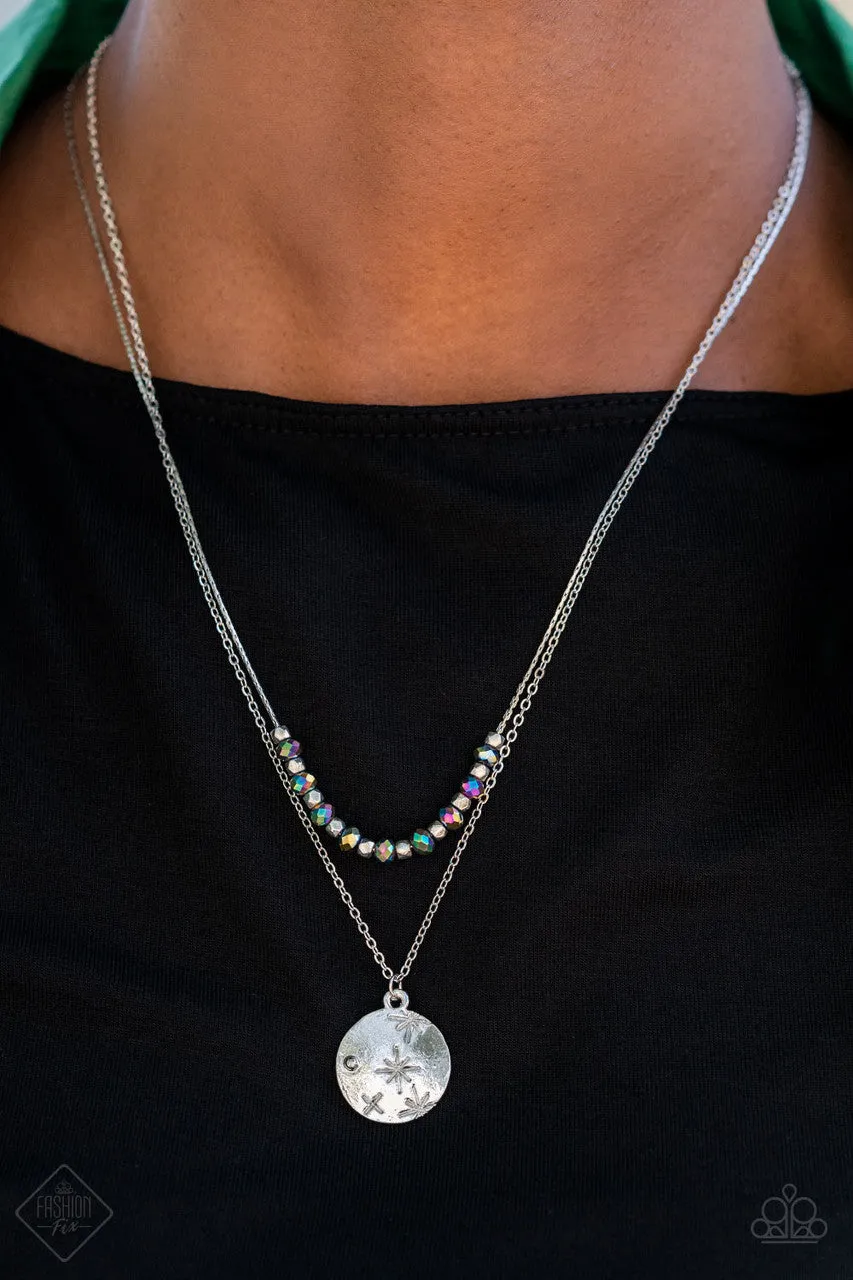 Stunning Supernova - Multi - Oil Spill Bead Silver Disc Paparazzi Tiered Short Necklace - August 2022 Sunset Sightings Fashion Fix