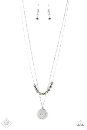 Stunning Supernova - Multi - Oil Spill Bead Silver Disc Paparazzi Tiered Short Necklace - August 2022 Sunset Sightings Fashion Fix