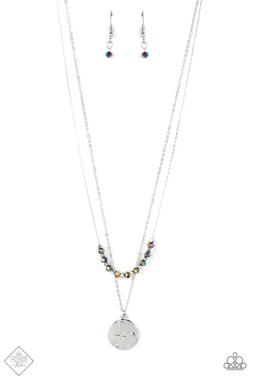 Stunning Supernova - Multi - Oil Spill Bead Silver Disc Paparazzi Tiered Short Necklace - August 2022 Sunset Sightings Fashion Fix