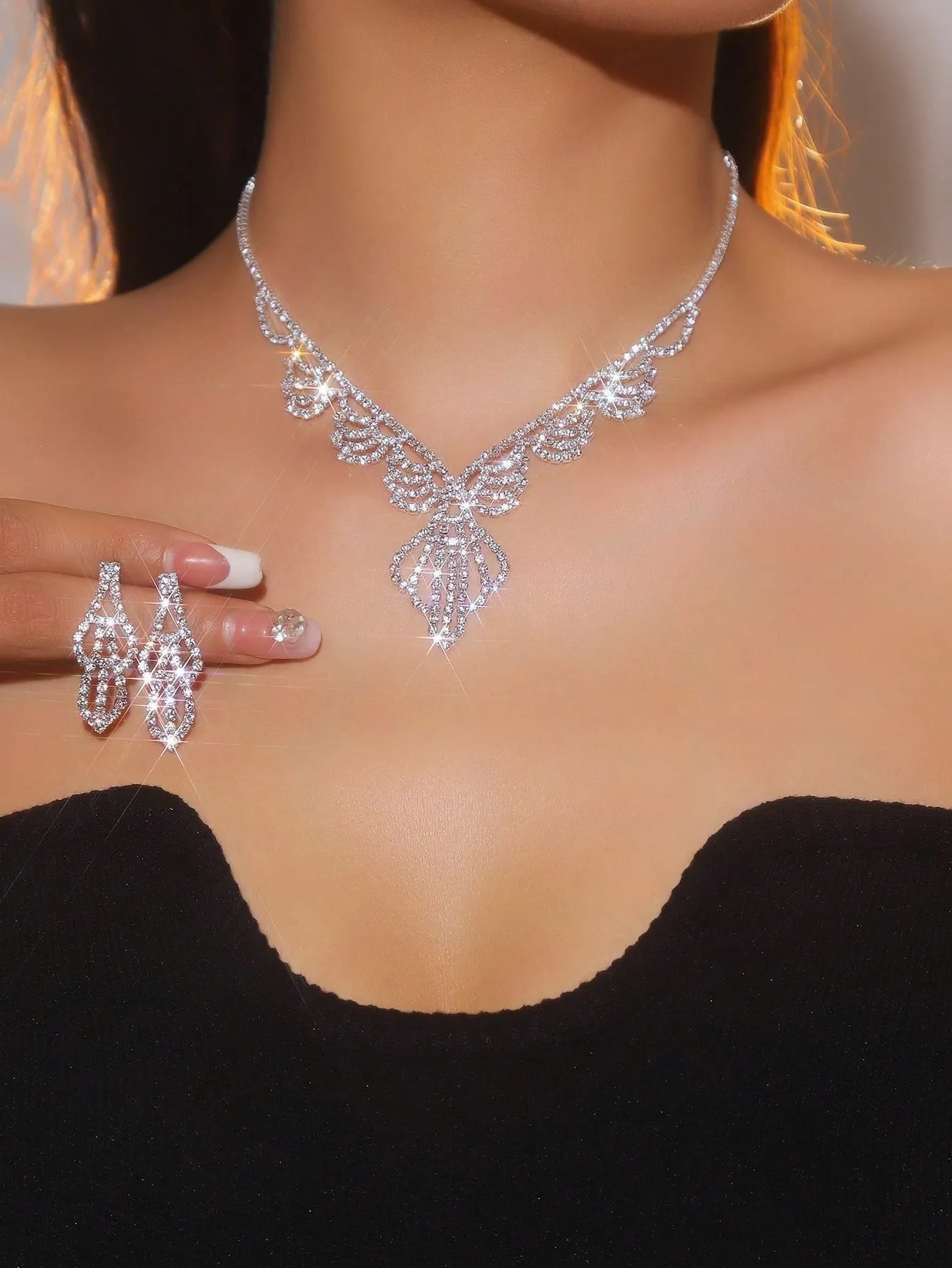 Supra Diamanto Gorgeous-Luxury Shining Bling Crystal Rhinestone Necklace Earrings Set Wedding Party Jewelry 3 In 1