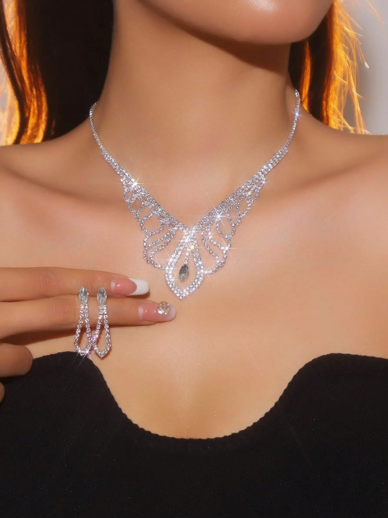 Supra Diamanto Gorgeous-Luxury Shining Bling Crystal Rhinestone Necklace Earrings Set Wedding Party Jewelry 3 In 1