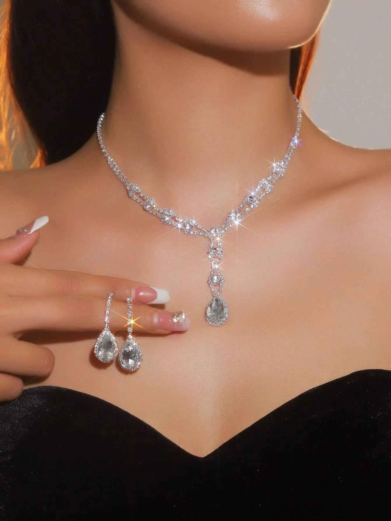 Supra Diamanto Gorgeous-Luxury Shining Bling Crystal Rhinestone Necklace Earrings Set Wedding Party Jewelry 3 In 1