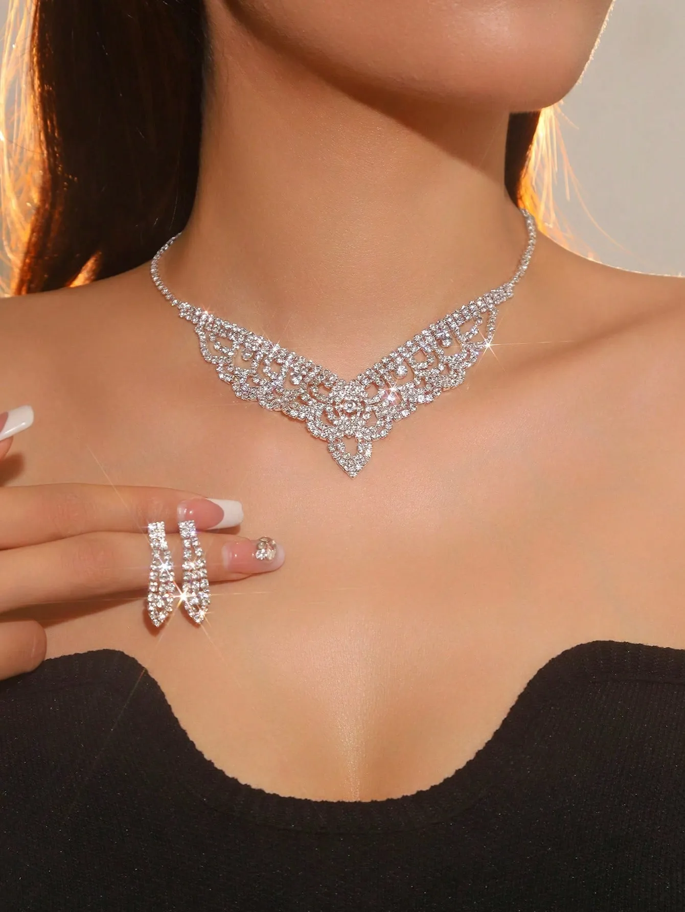 Supra Diamanto Gorgeous-Luxury Shining Bling Crystal Rhinestone Necklace Earrings Set Wedding Party Jewelry 3 In 1