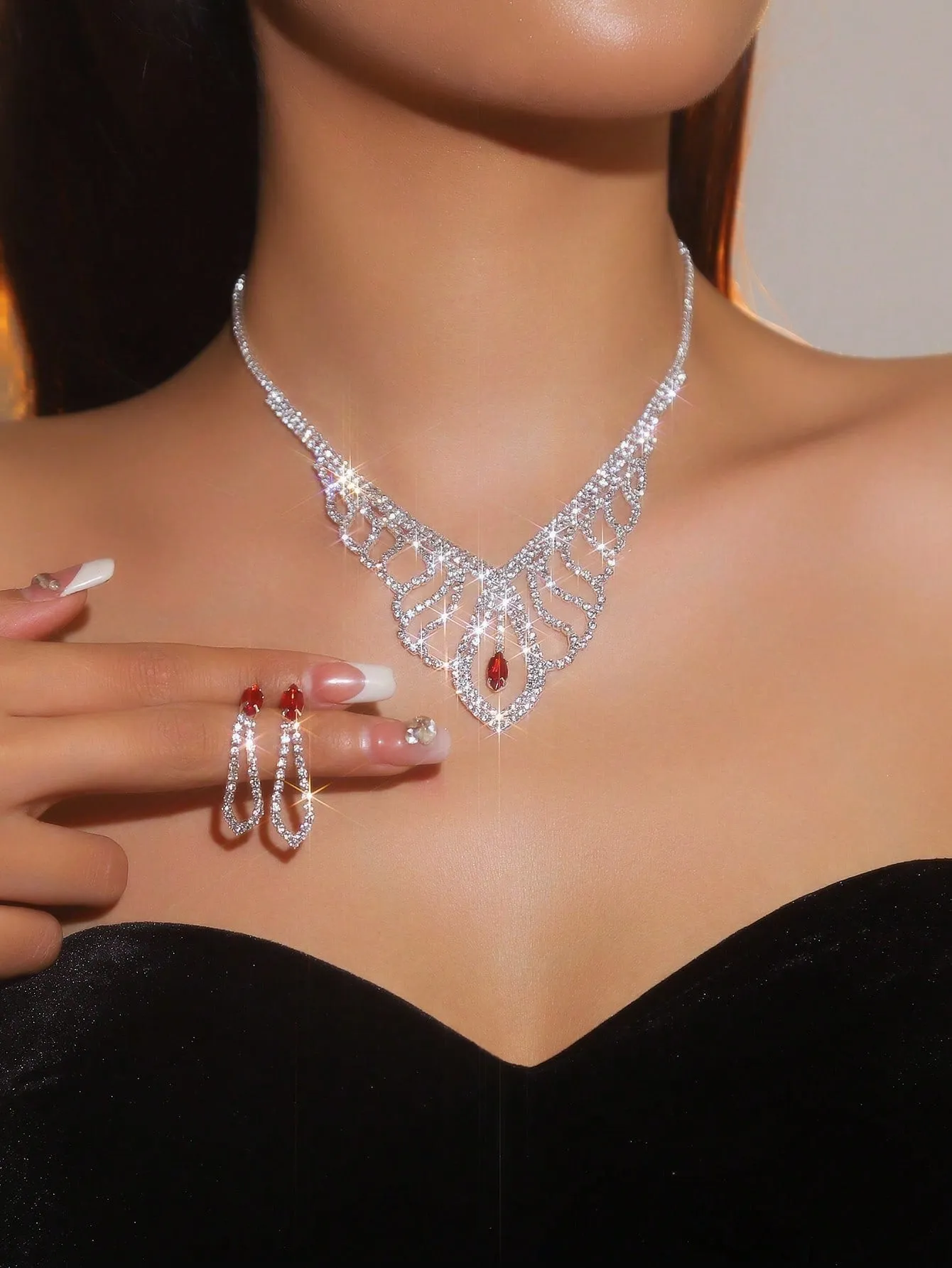 Supra Diamanto Gorgeous-Luxury Shining Bling Crystal Rhinestone Necklace Earrings Set Wedding Party Jewelry 3 In 1