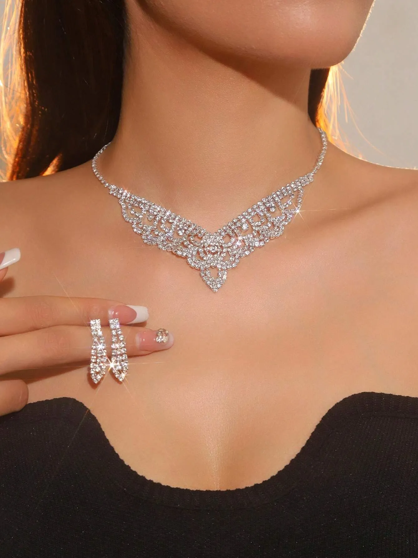 Supra Diamanto Gorgeous-Luxury Shining Bling Crystal Rhinestone Necklace Earrings Set Wedding Party Jewelry 3 In 1