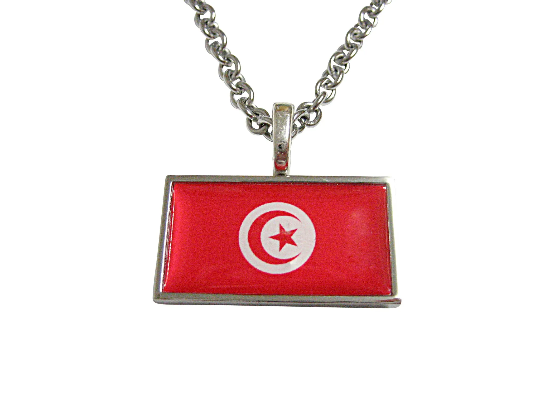 Thin Bordered Tunisia Flag Pendant Necklace