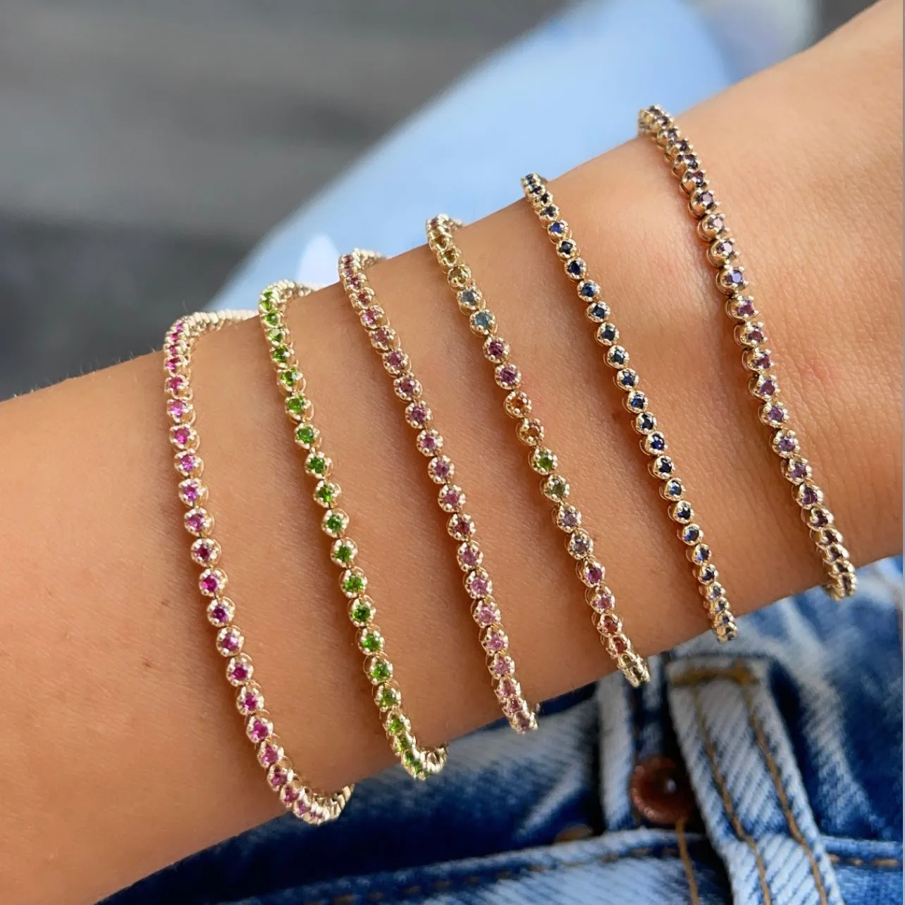 Thin Gemstone Tennis Bracelet 14K