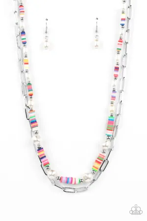 Tidal Trendsetter - Multi - Colorful Band White Pearl Paparazzi Tiered Short Necklace