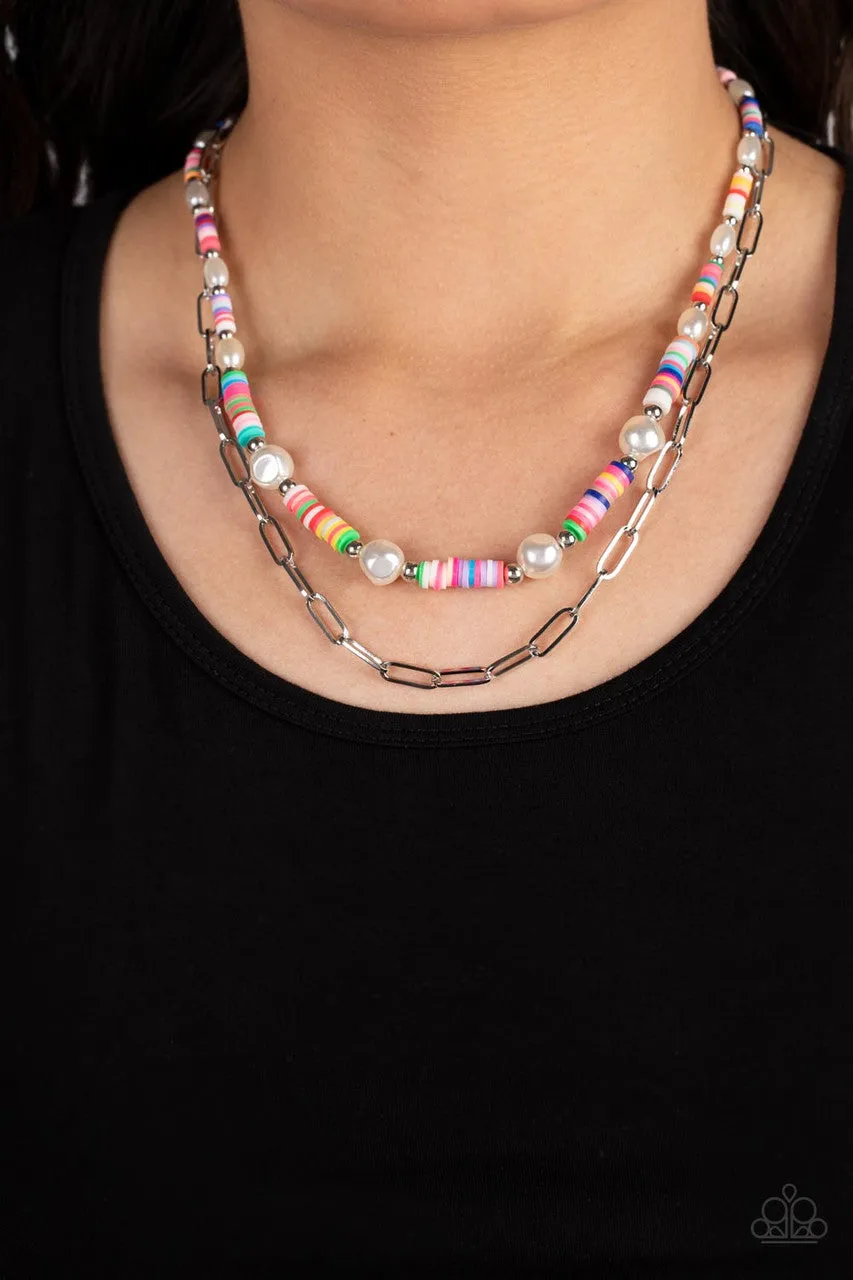Tidal Trendsetter - Multi - Colorful Band White Pearl Paparazzi Tiered Short Necklace