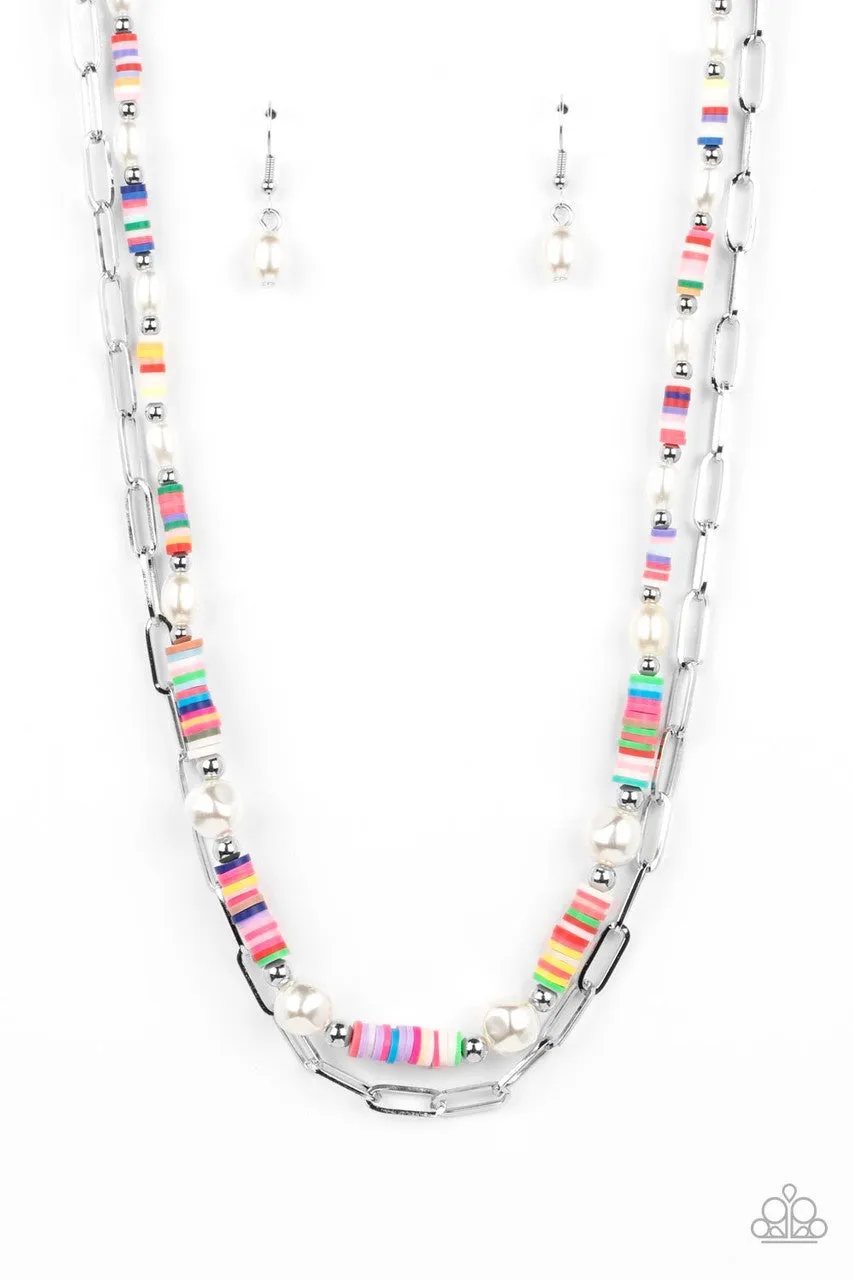 Tidal Trendsetter - Multi - Colorful Band White Pearl Paparazzi Tiered Short Necklace