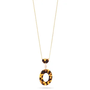 TORTOISE SHELL ACETATE RESIN OVAL GOLD PENDANT NECKLACE #SWKK-11621TORT (OE14)