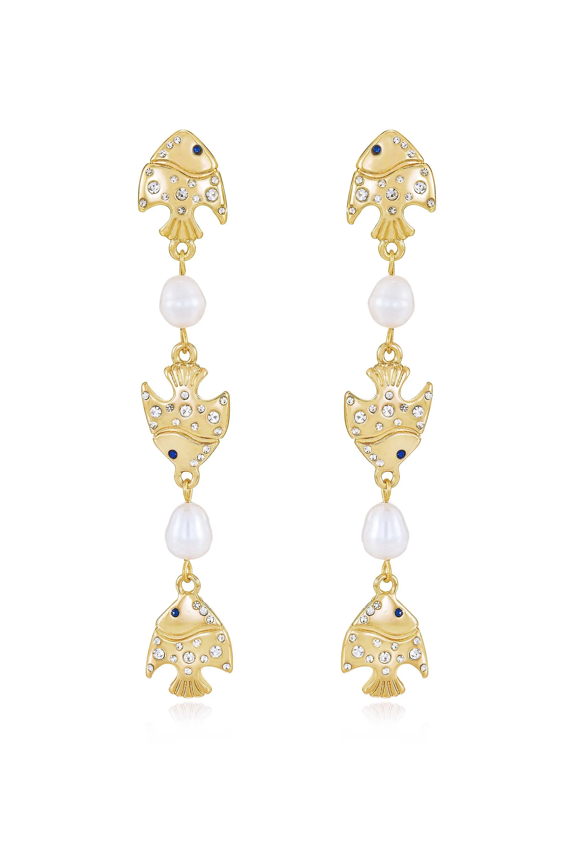 Tropical Fish and Pearl Dangle 18k Gold Plated Earrings