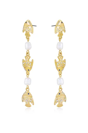Tropical Fish and Pearl Dangle 18k Gold Plated Earrings
