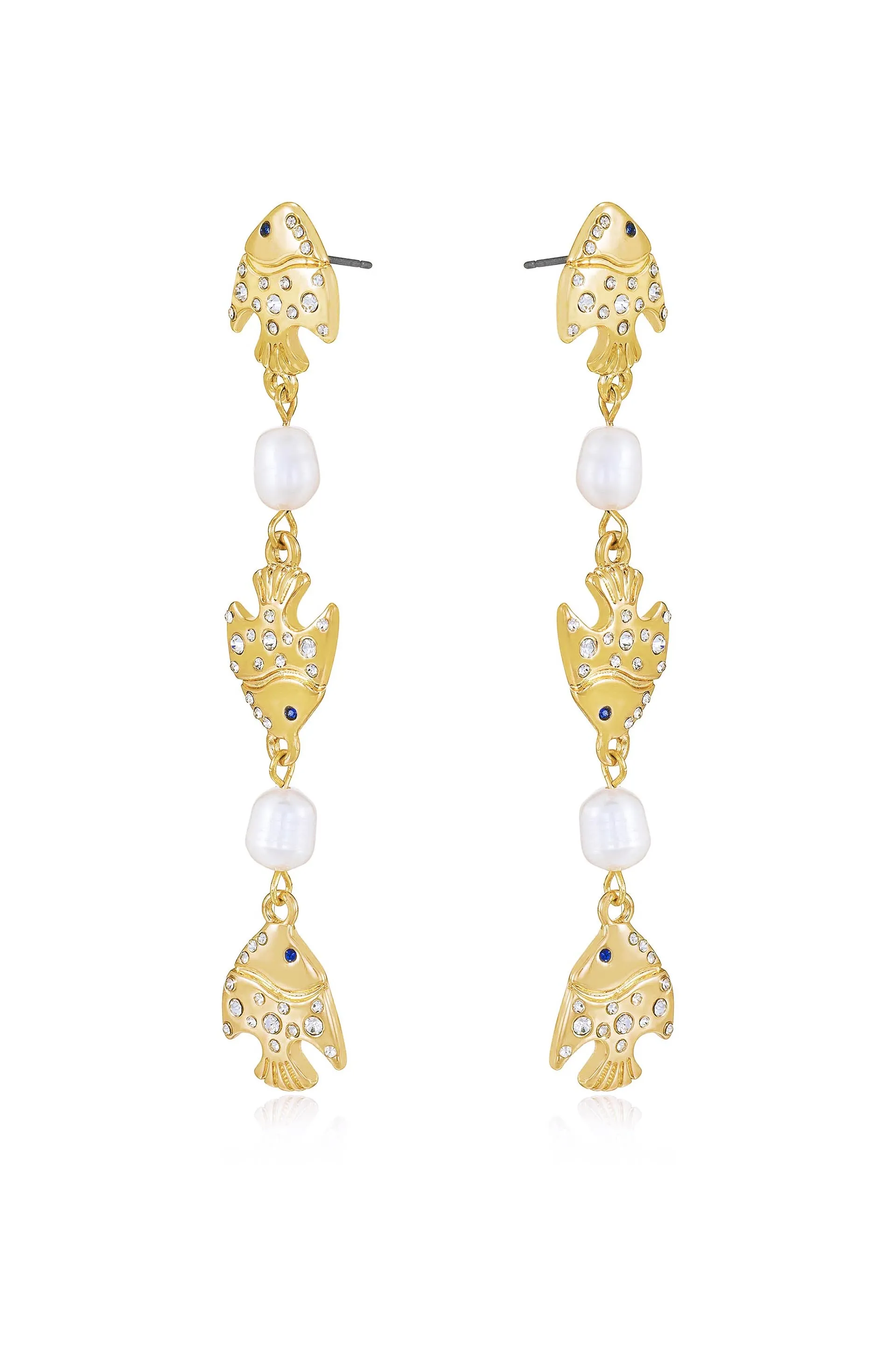 Tropical Fish and Pearl Dangle 18k Gold Plated Earrings