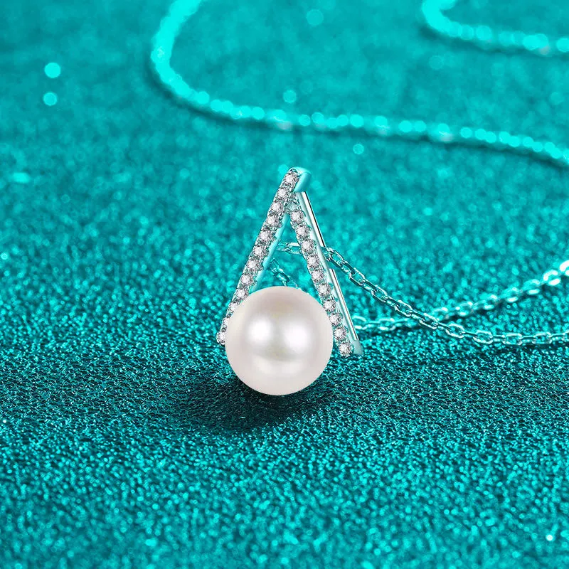V Diamond Pearl Pendant Necklace -  Platinum Plated