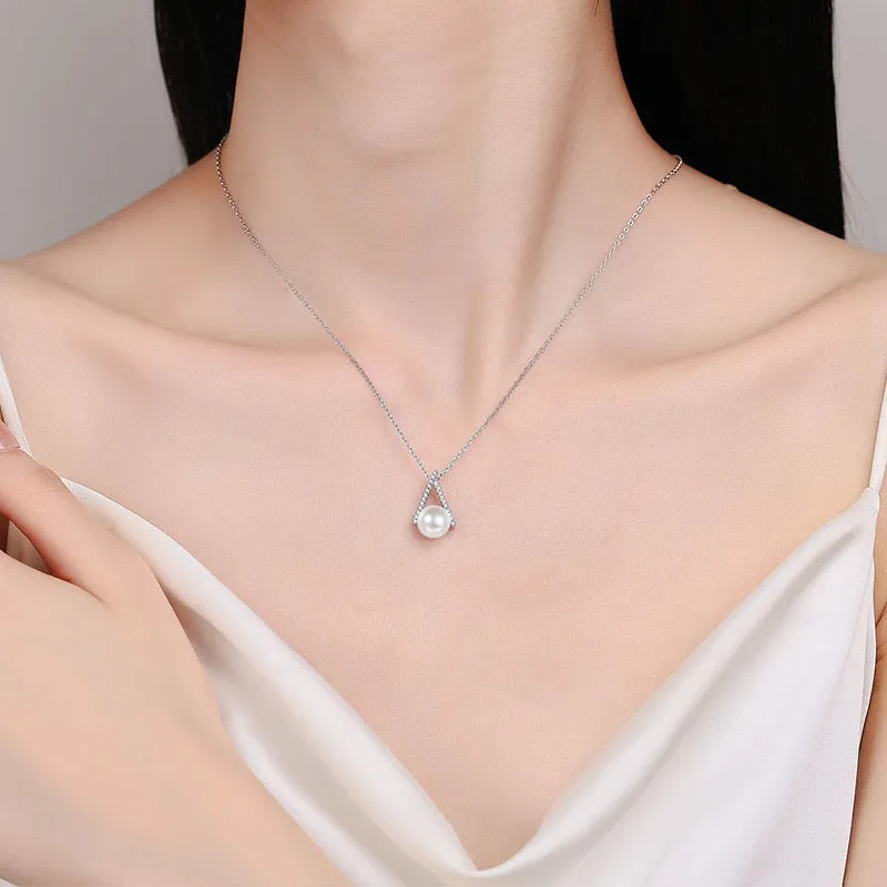 V Diamond Pearl Pendant Necklace -  Platinum Plated