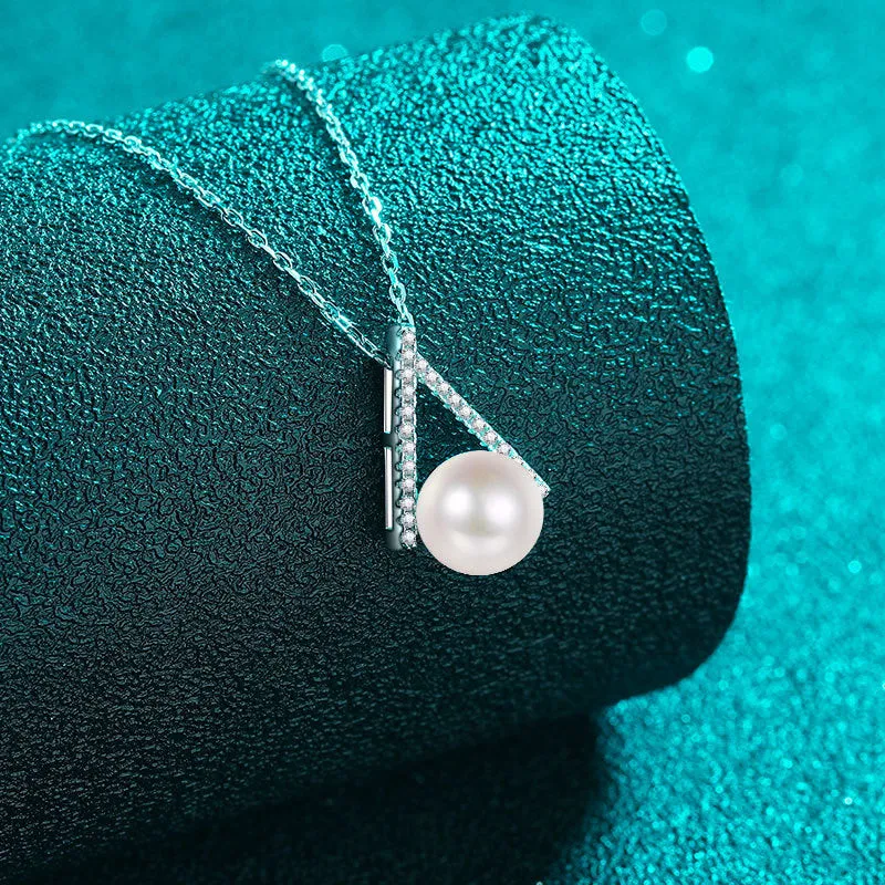V Diamond Pearl Pendant Necklace -  Platinum Plated