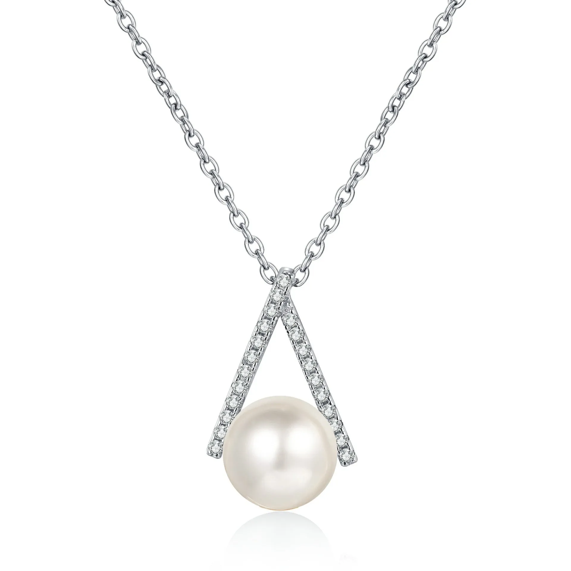V Diamond Pearl Pendant Necklace -  Platinum Plated