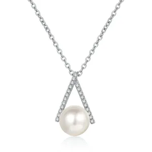 V Diamond Pearl Pendant Necklace -  Platinum Plated