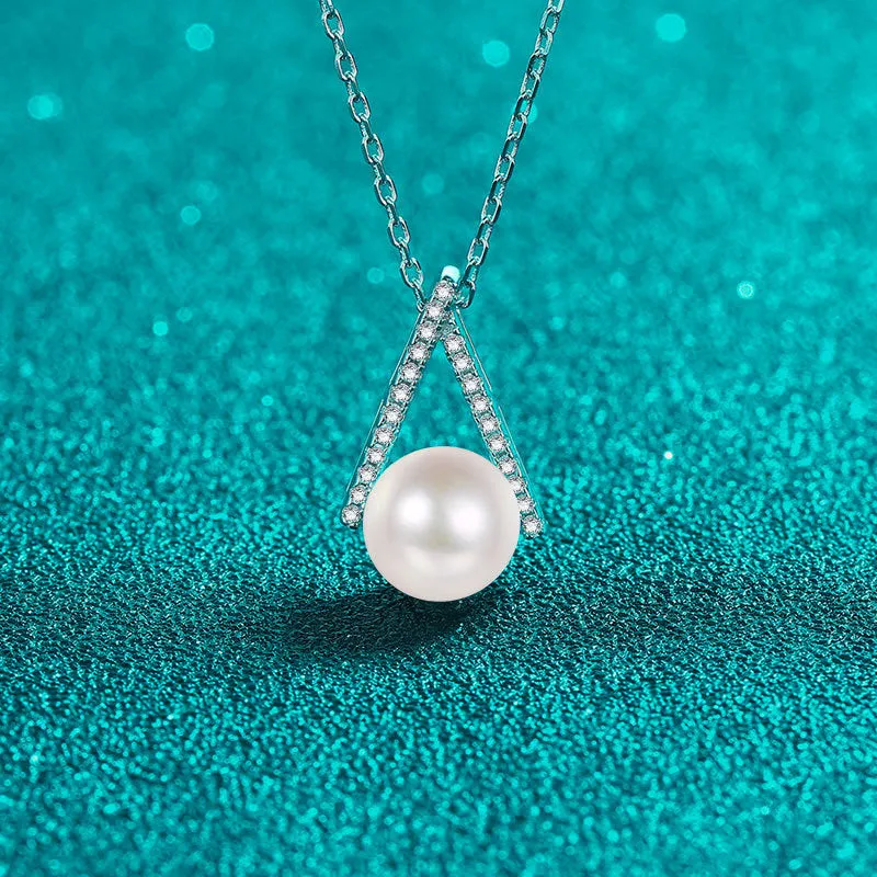 V Diamond Pearl Pendant Necklace -  Platinum Plated
