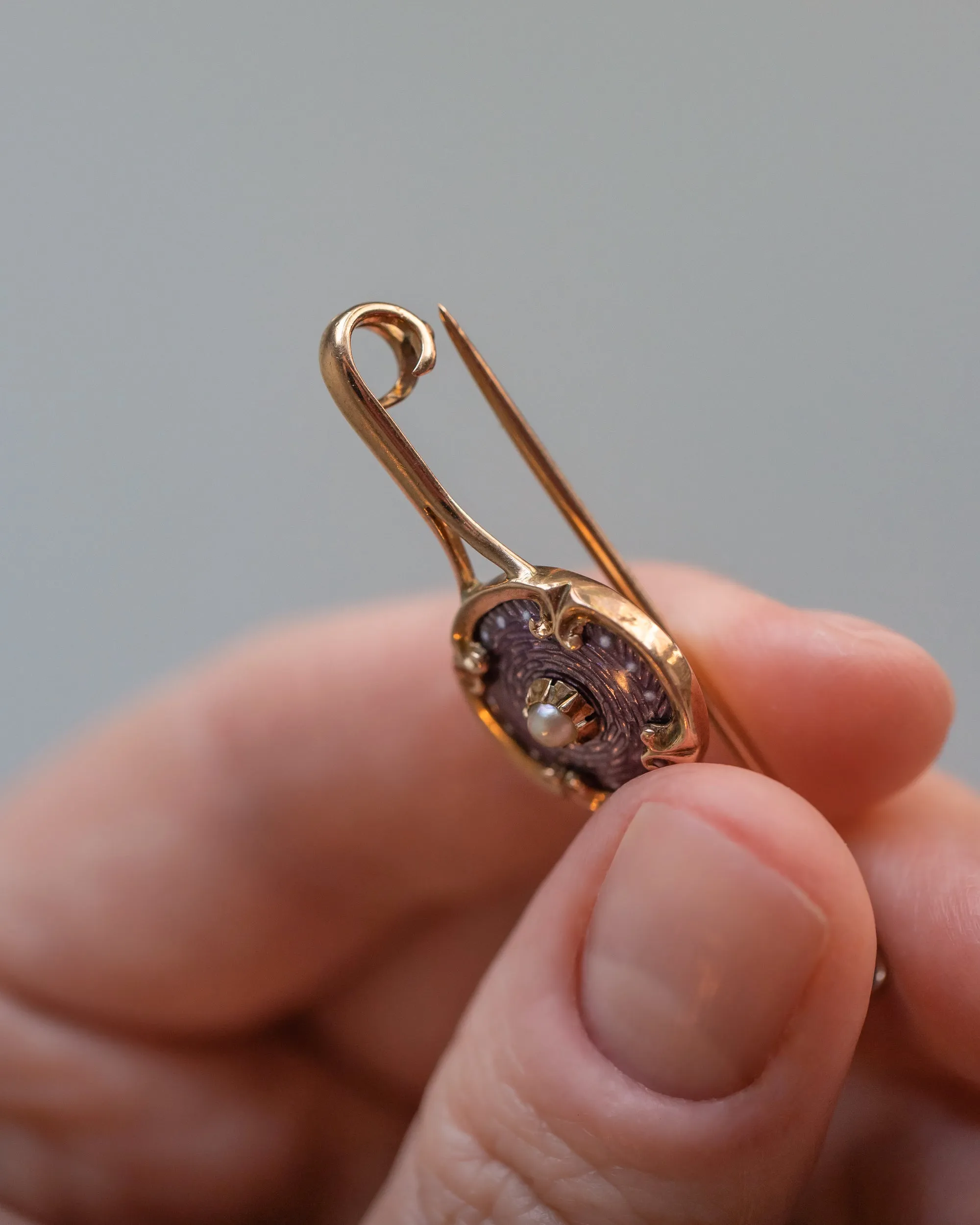 Victorian 10k Warm Gold 0.17 CT Pearl Bar Brooch with Guilloché Enamel
