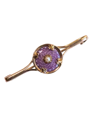 Victorian 10k Warm Gold 0.17 CT Pearl Bar Brooch with Guilloché Enamel