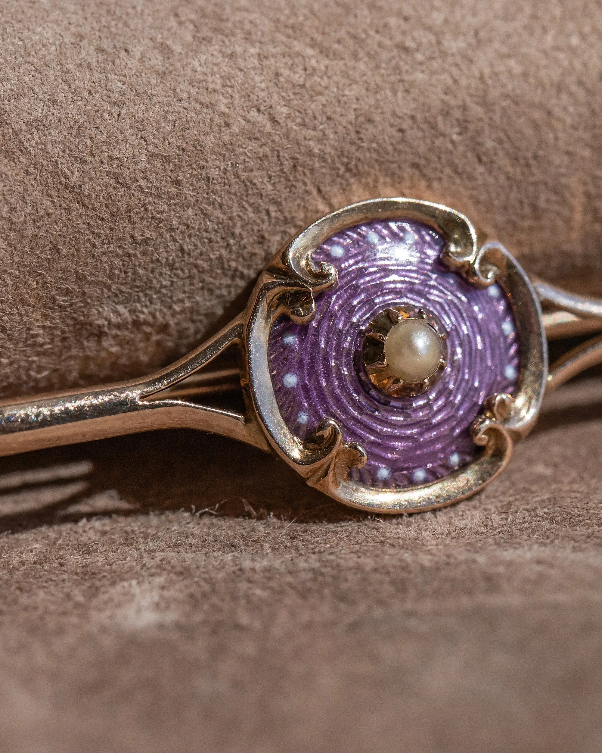 Victorian 10k Warm Gold 0.17 CT Pearl Bar Brooch with Guilloché Enamel