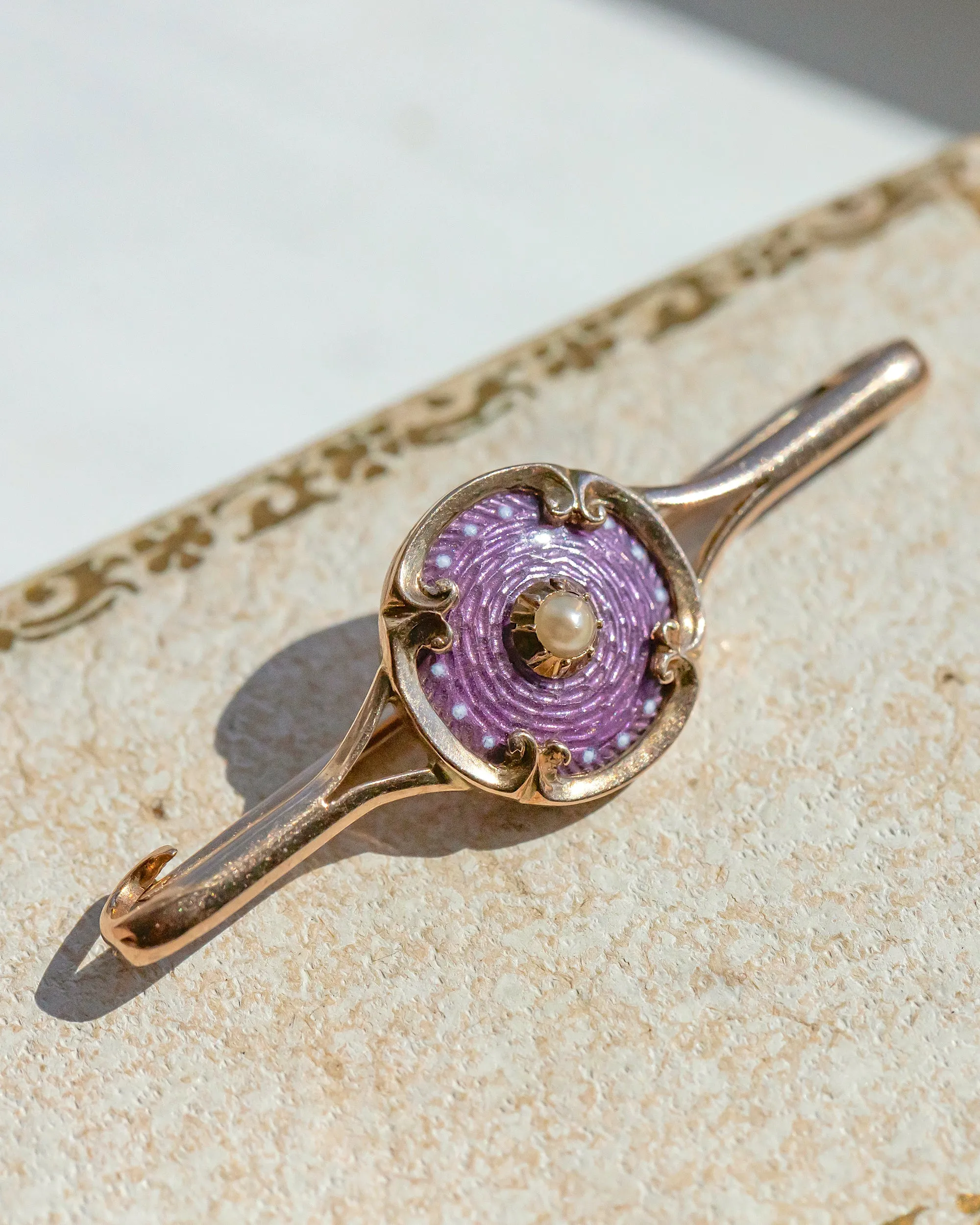 Victorian 10k Warm Gold 0.17 CT Pearl Bar Brooch with Guilloché Enamel