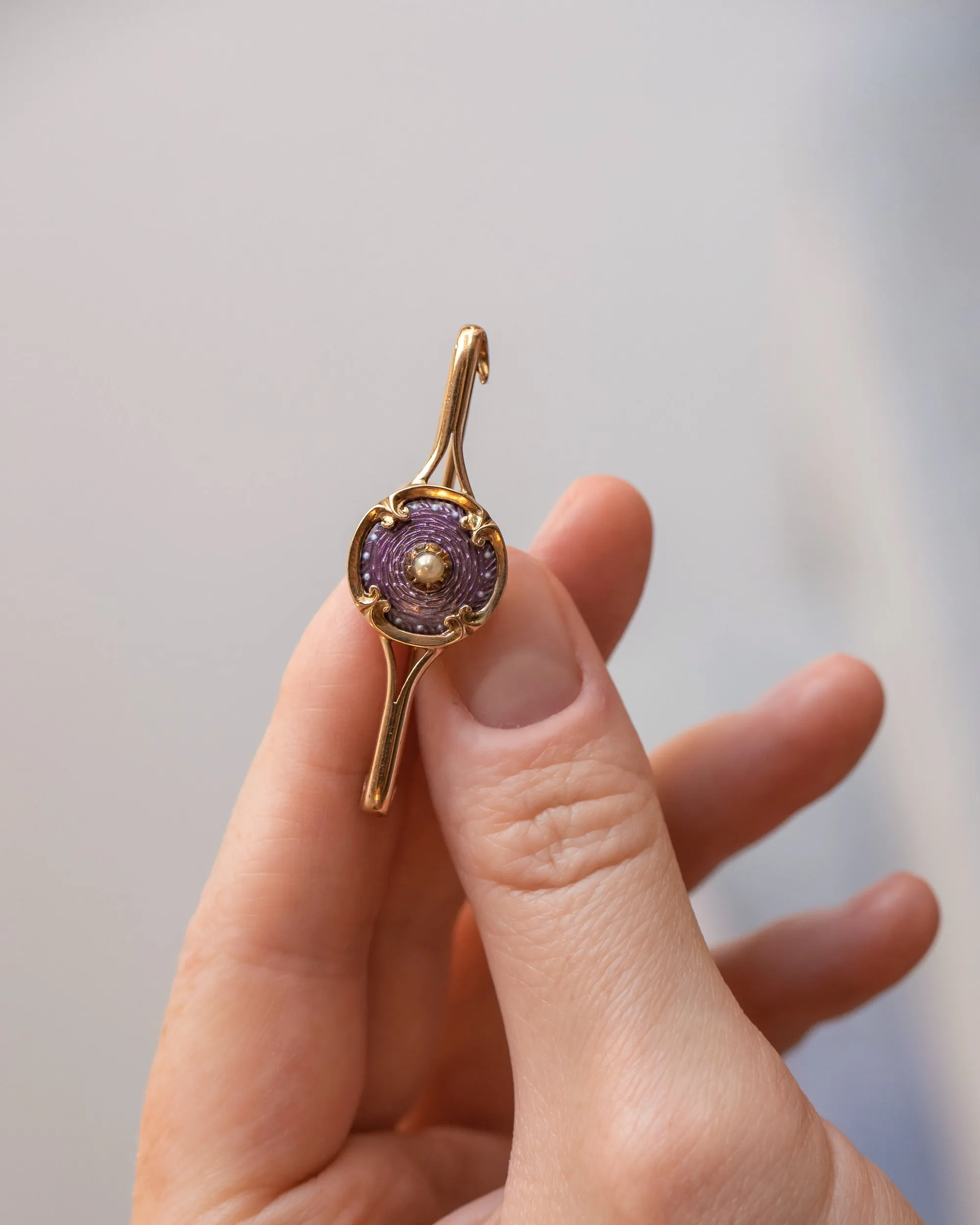 Victorian 10k Warm Gold 0.17 CT Pearl Bar Brooch with Guilloché Enamel