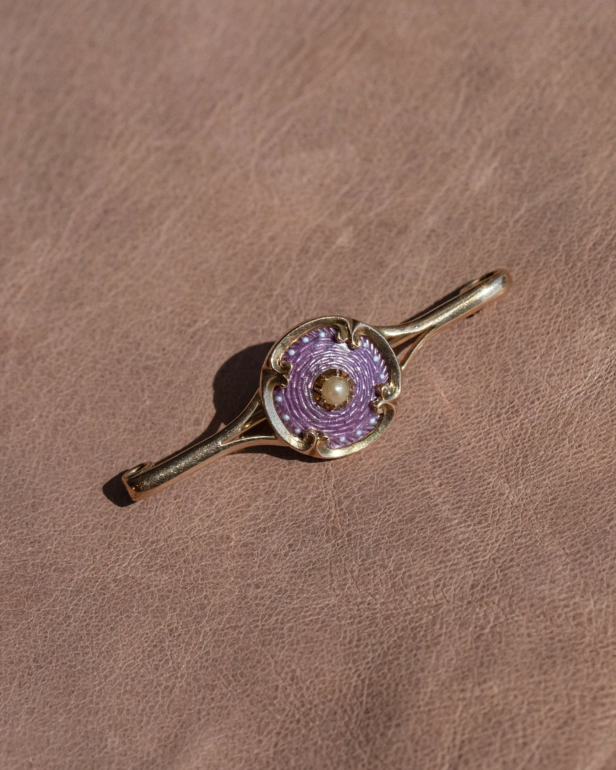 Victorian 10k Warm Gold 0.17 CT Pearl Bar Brooch with Guilloché Enamel