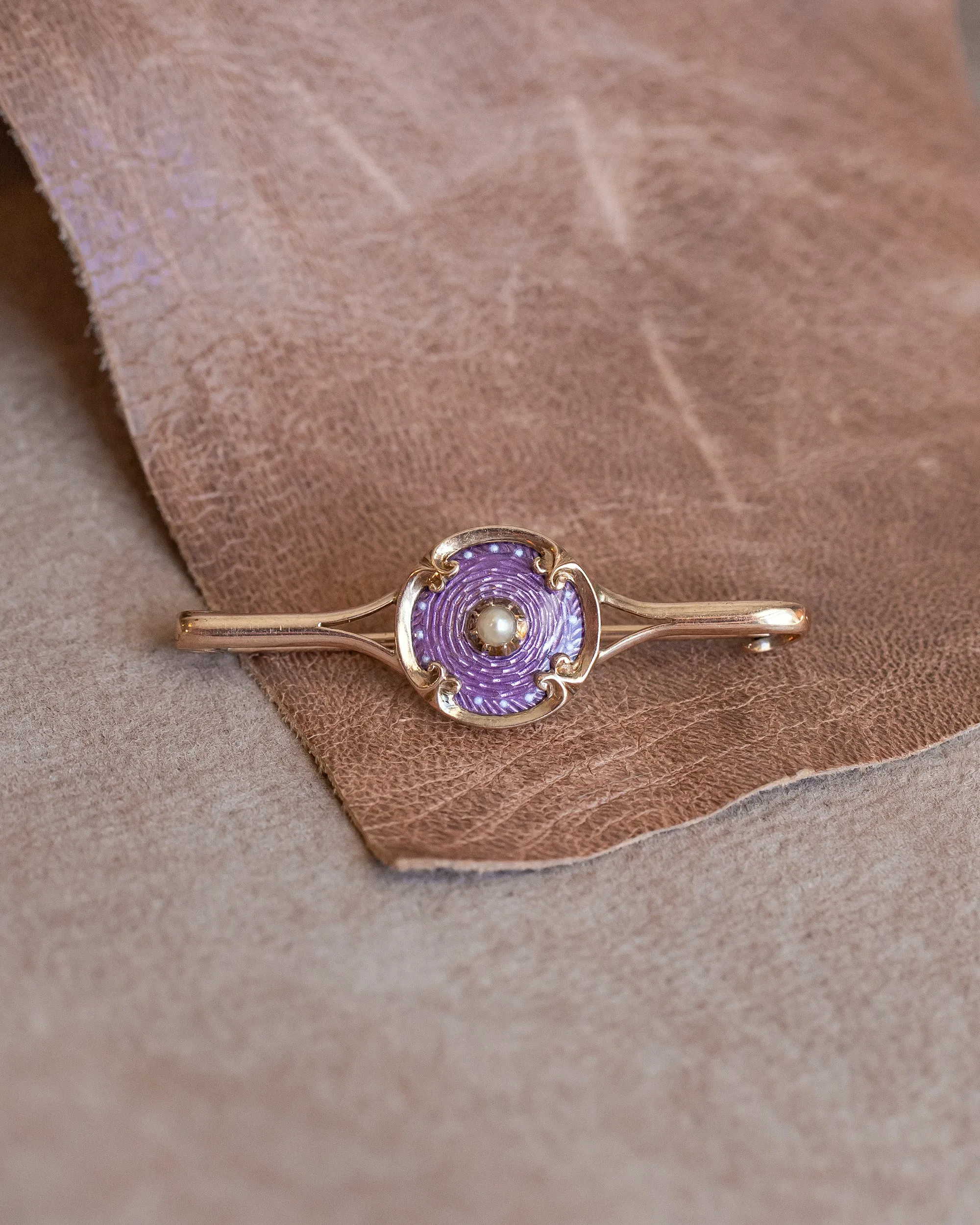 Victorian 10k Warm Gold 0.17 CT Pearl Bar Brooch with Guilloché Enamel