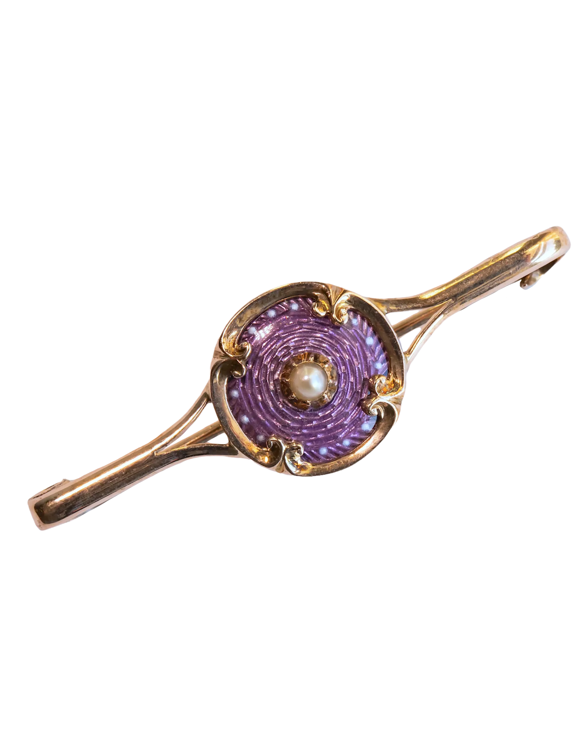 Victorian 10k Warm Gold 0.17 CT Pearl Bar Brooch with Guilloché Enamel