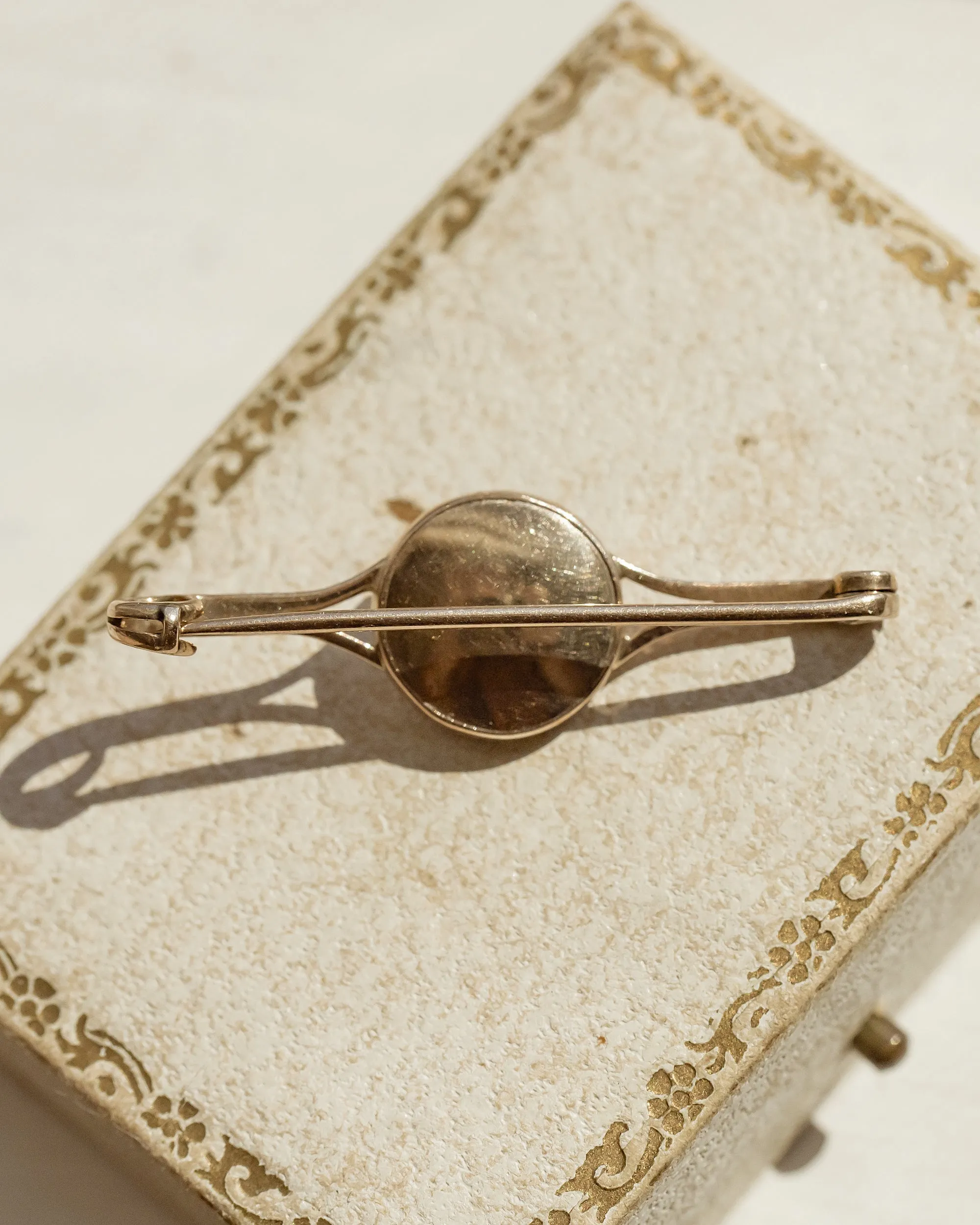 Victorian 10k Warm Gold 0.17 CT Pearl Bar Brooch with Guilloché Enamel