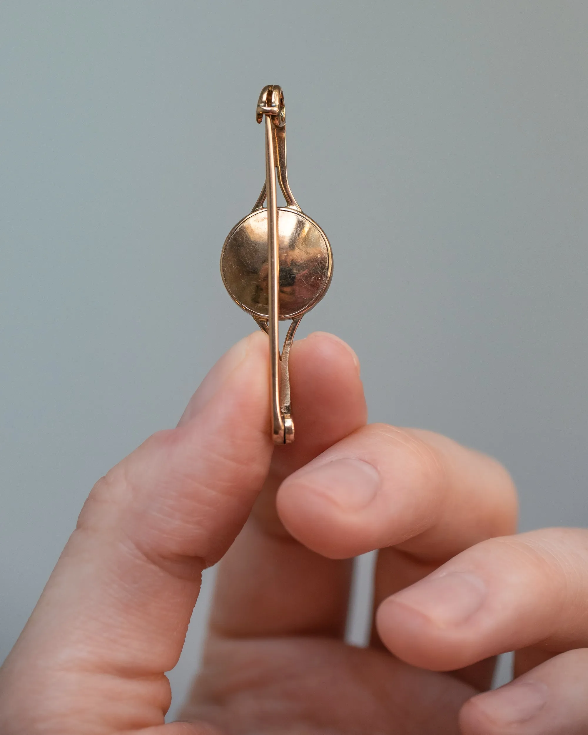 Victorian 10k Warm Gold 0.17 CT Pearl Bar Brooch with Guilloché Enamel
