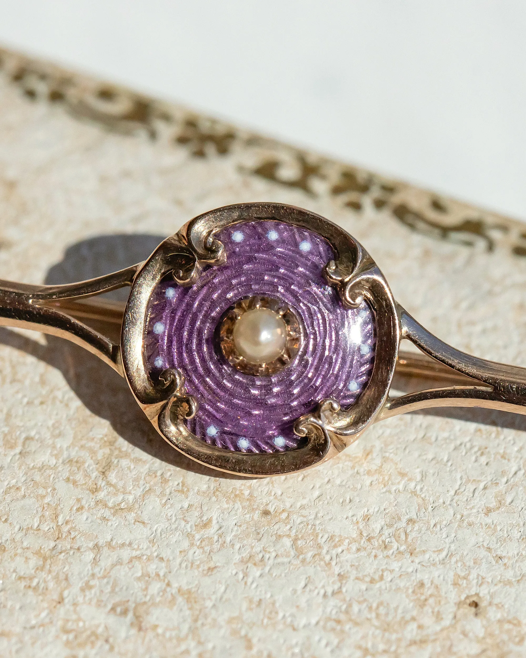 Victorian 10k Warm Gold 0.17 CT Pearl Bar Brooch with Guilloché Enamel