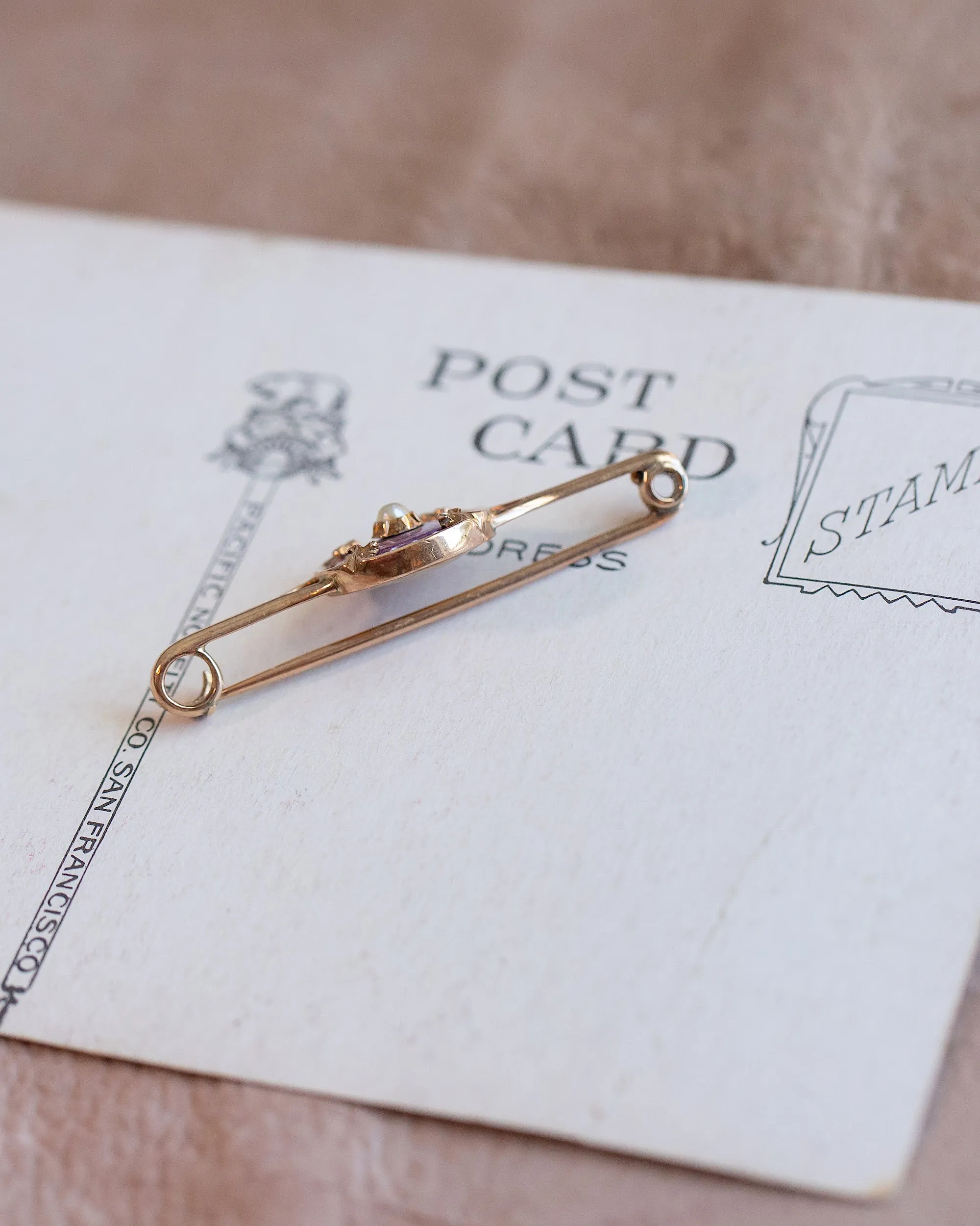 Victorian 10k Warm Gold 0.17 CT Pearl Bar Brooch with Guilloché Enamel
