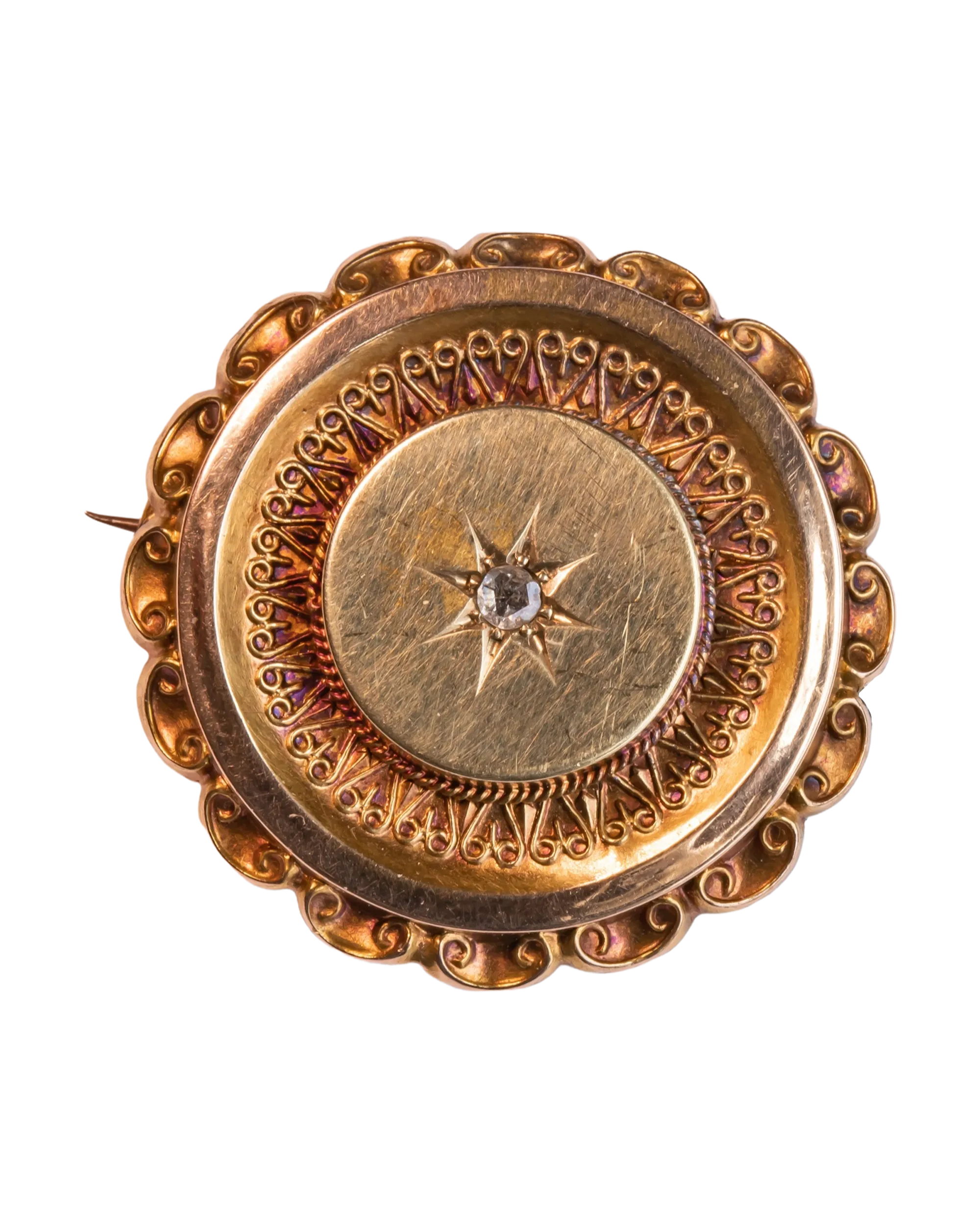 Victorian 14k 8.4g 0.10 CT Rose Cut Diamond Star Set Etruscan Revival Locket Brooch with Original Photos