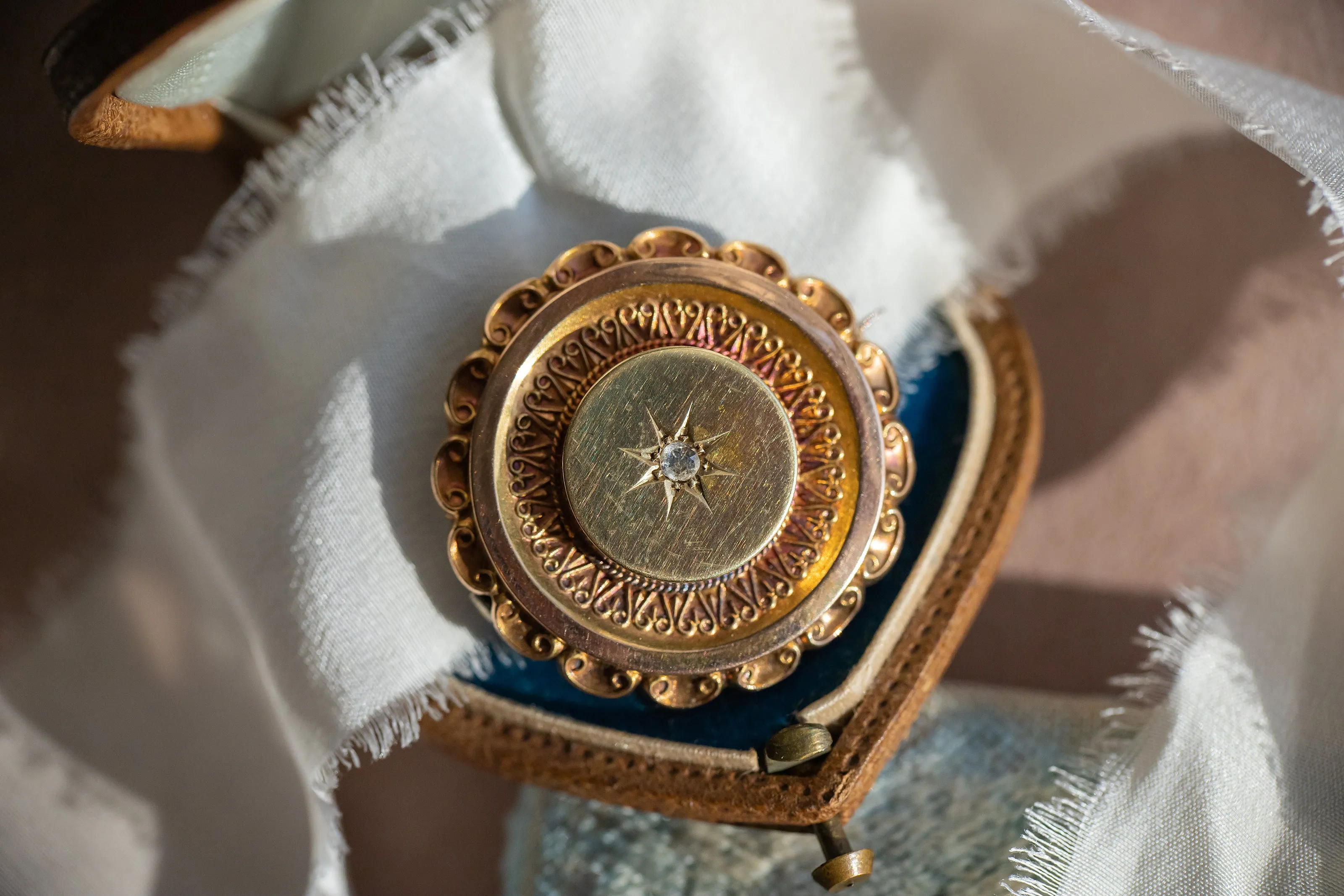 Victorian 14k 8.4g 0.10 CT Rose Cut Diamond Star Set Etruscan Revival Locket Brooch with Original Photos