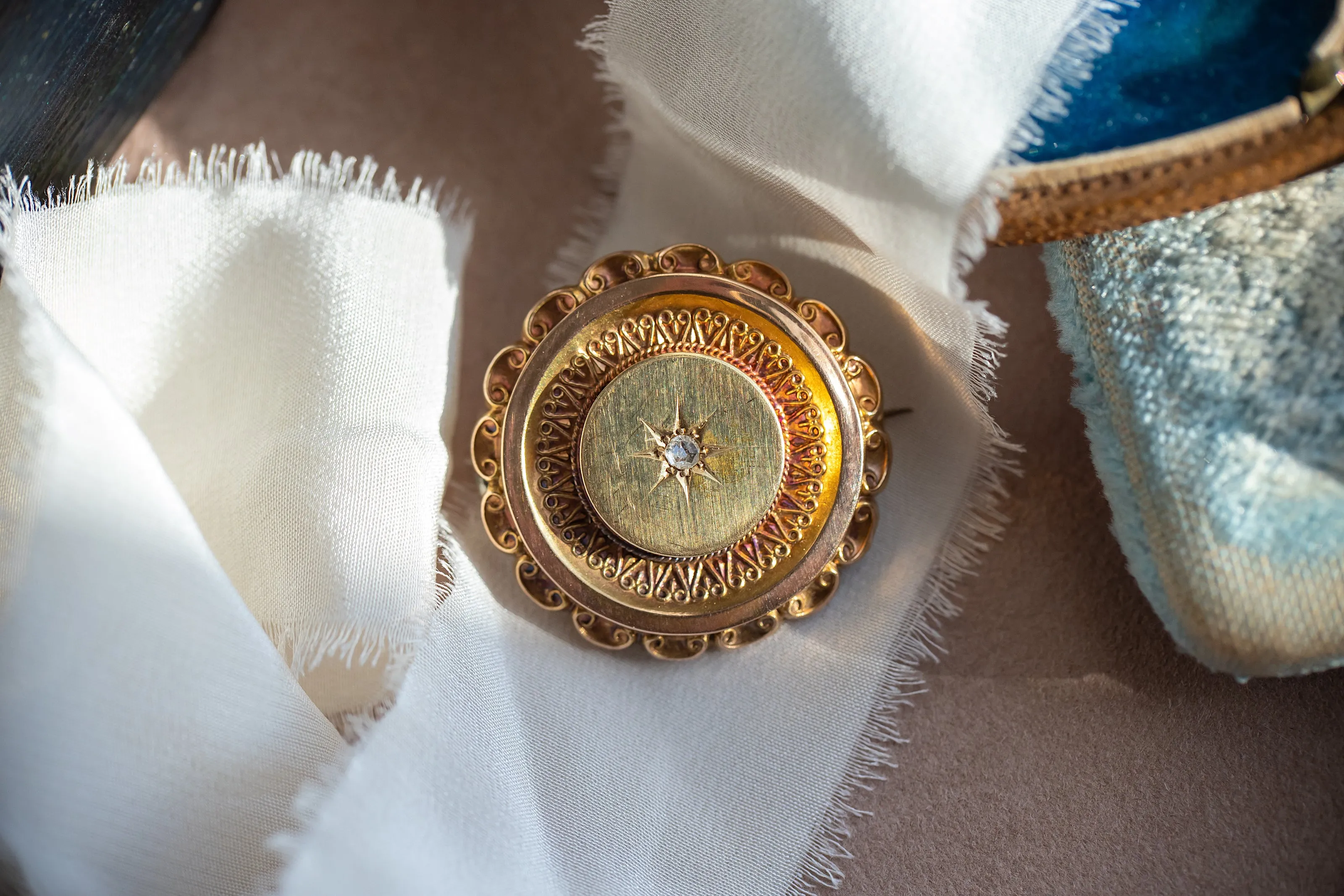 Victorian 14k 8.4g 0.10 CT Rose Cut Diamond Star Set Etruscan Revival Locket Brooch with Original Photos