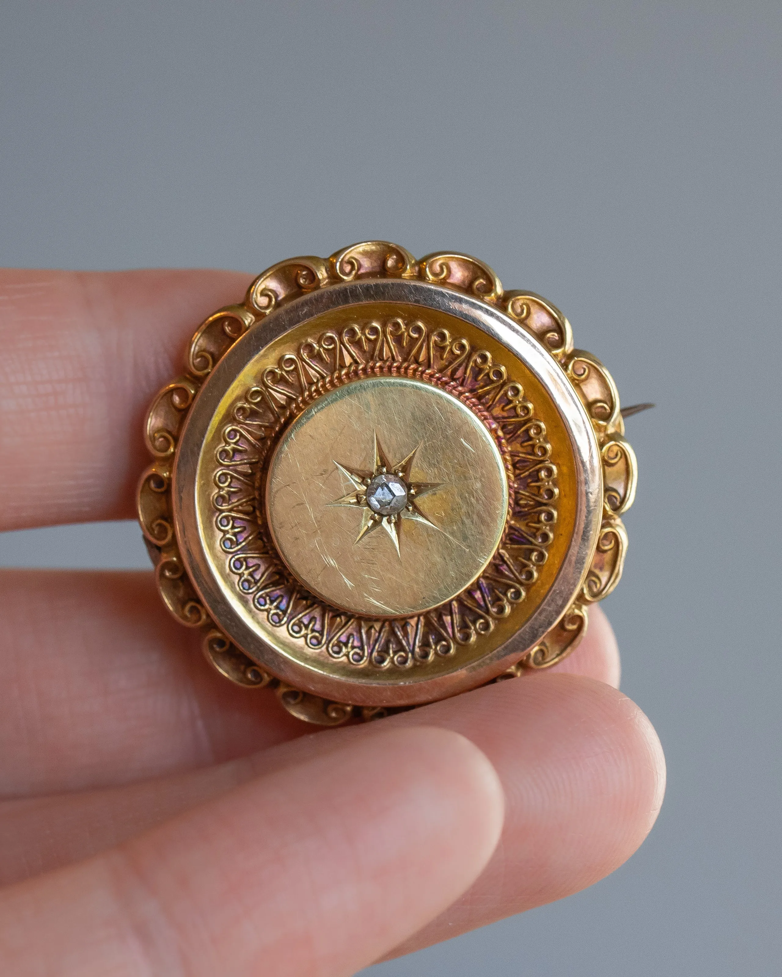 Victorian 14k 8.4g 0.10 CT Rose Cut Diamond Star Set Etruscan Revival Locket Brooch with Original Photos
