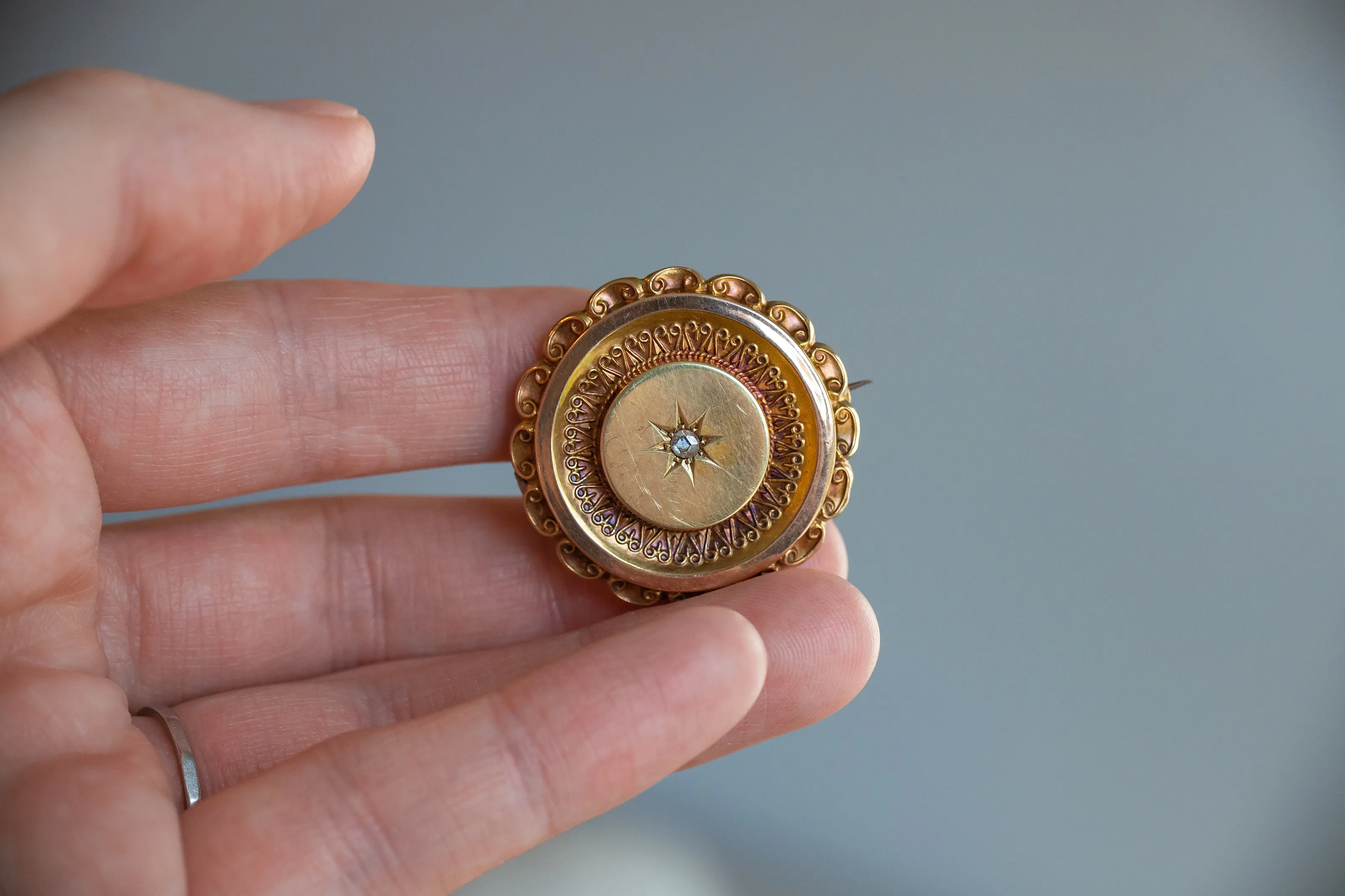 Victorian 14k 8.4g 0.10 CT Rose Cut Diamond Star Set Etruscan Revival Locket Brooch with Original Photos
