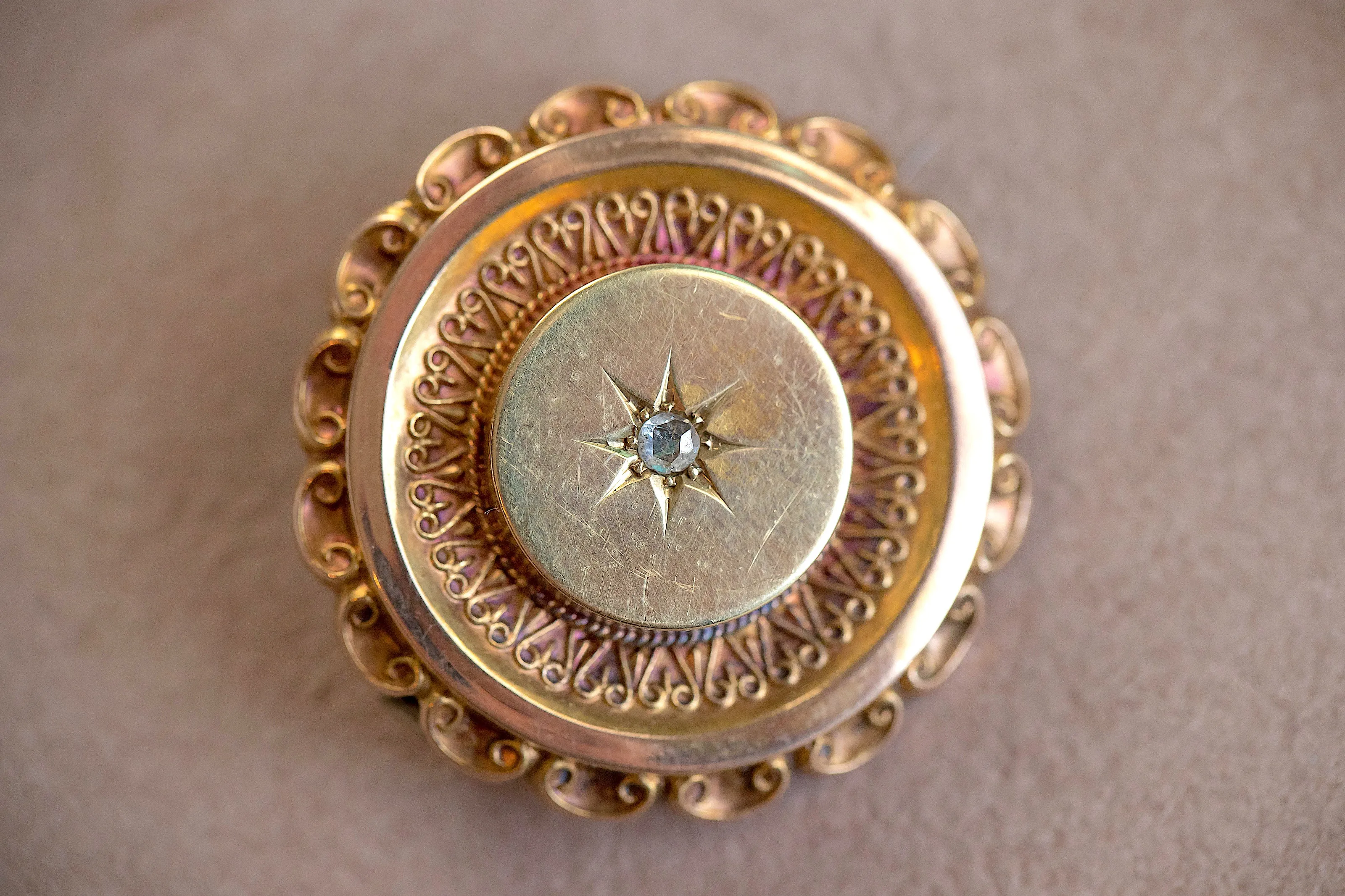 Victorian 14k 8.4g 0.10 CT Rose Cut Diamond Star Set Etruscan Revival Locket Brooch with Original Photos
