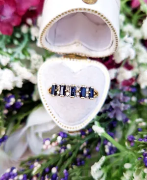 Vintage 1987 9ct Yellow Gold Sapphire and Diamond Gemstone Band Ring AF / Size Q or 8.5