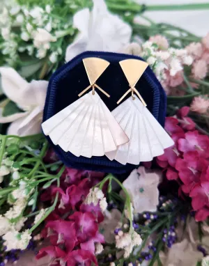 Vintage Art Deco Style 9ct Yellow Gold Mother of Pearl Fan Shaped Stud Drop Earrings
