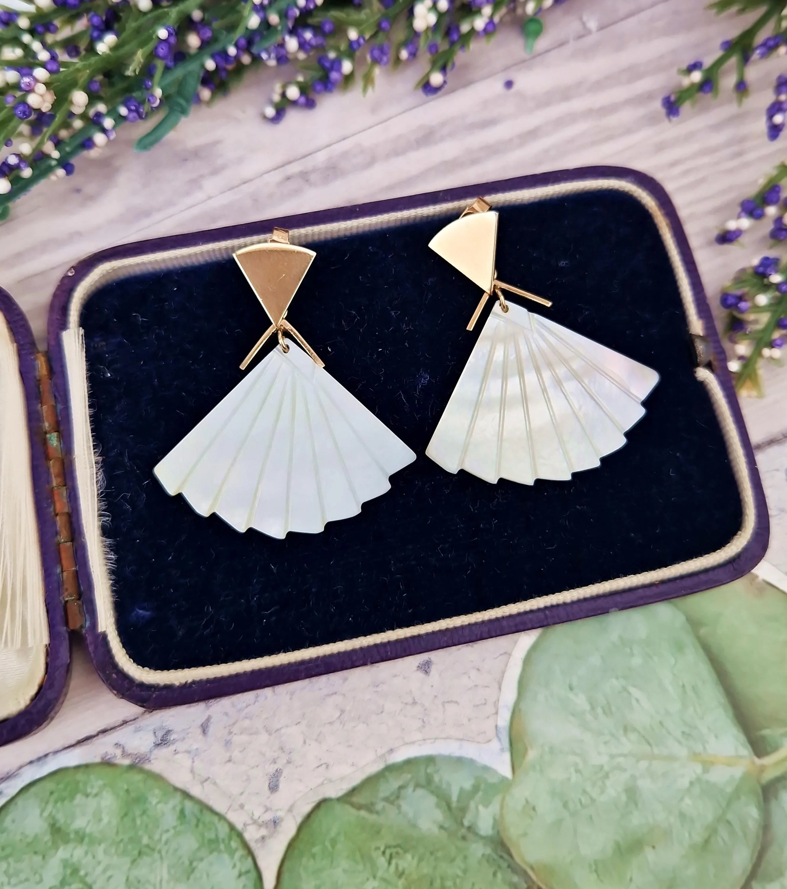 Vintage Art Deco Style 9ct Yellow Gold Mother of Pearl Fan Shaped Stud Drop Earrings