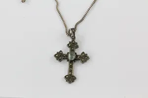 Vintage Sterling Silver Marcasite & Swiss Blue Topaz Budded Cross #2