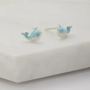 Whale Stud Earring - Blue - 925 Sterling Silver