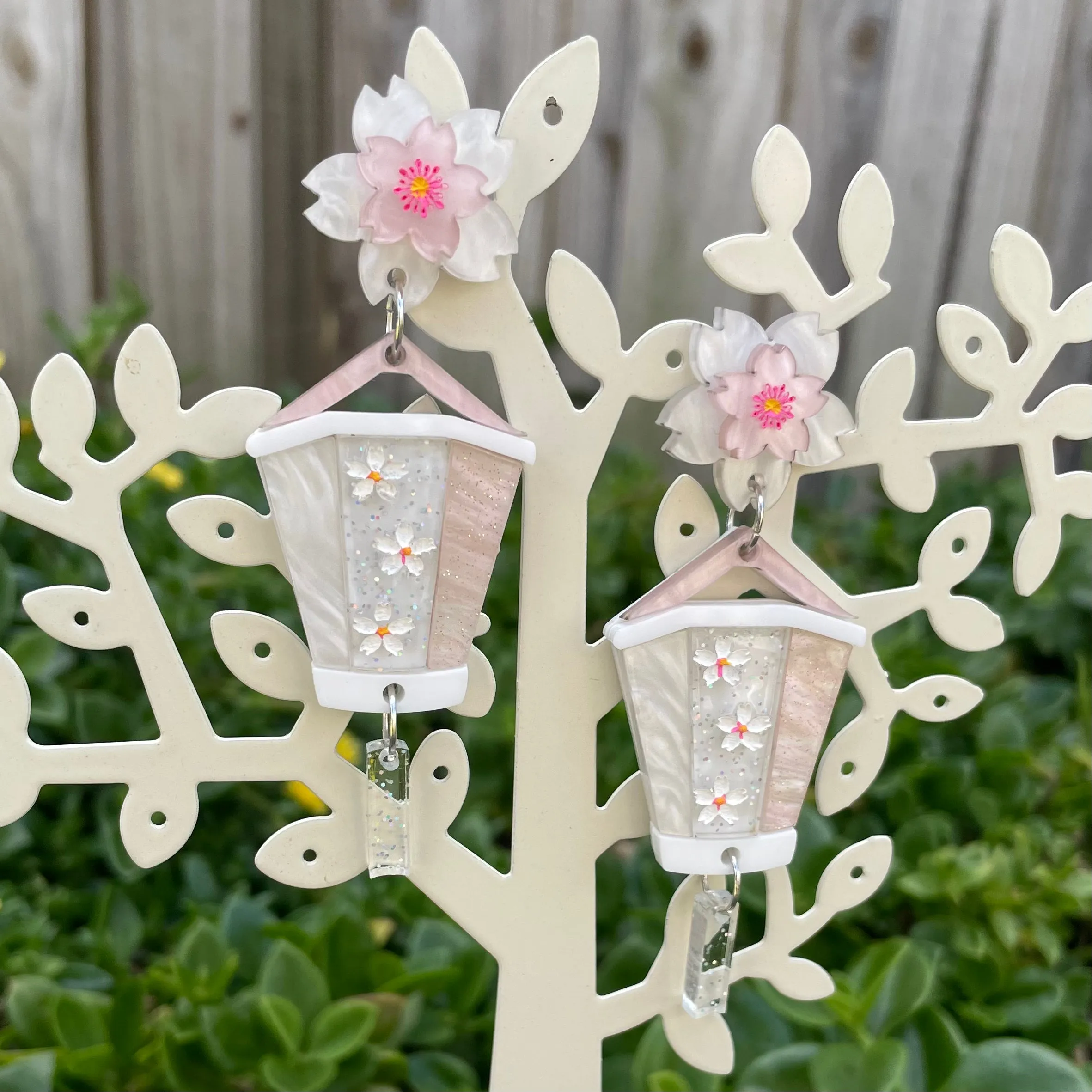White Cherry Blossom Lantern - Earrings