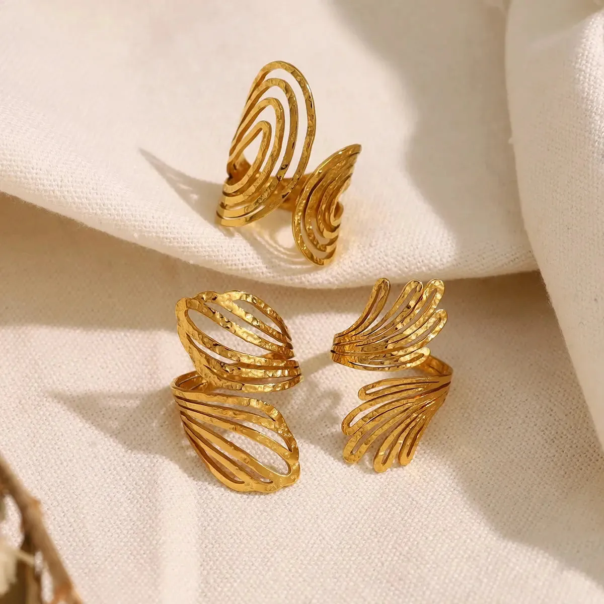 WILD & FREE 18K Gold Plated Stainless Steel Rings for Women Irregular Hammered Metal Texture Statement Jewelry