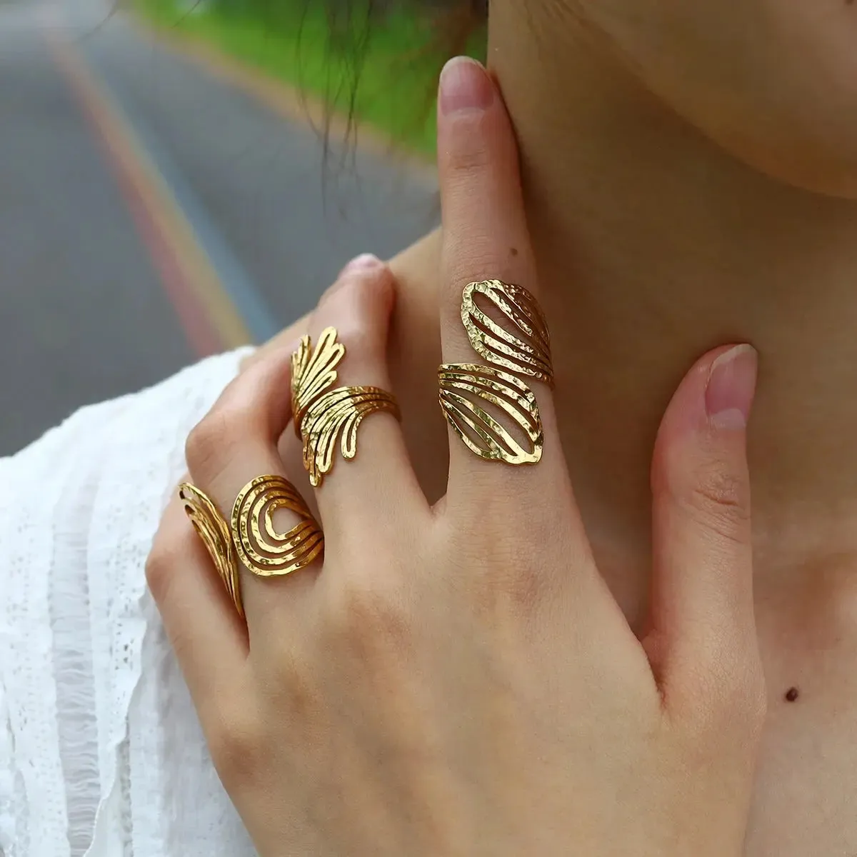WILD & FREE 18K Gold Plated Stainless Steel Rings for Women Irregular Hammered Metal Texture Statement Jewelry